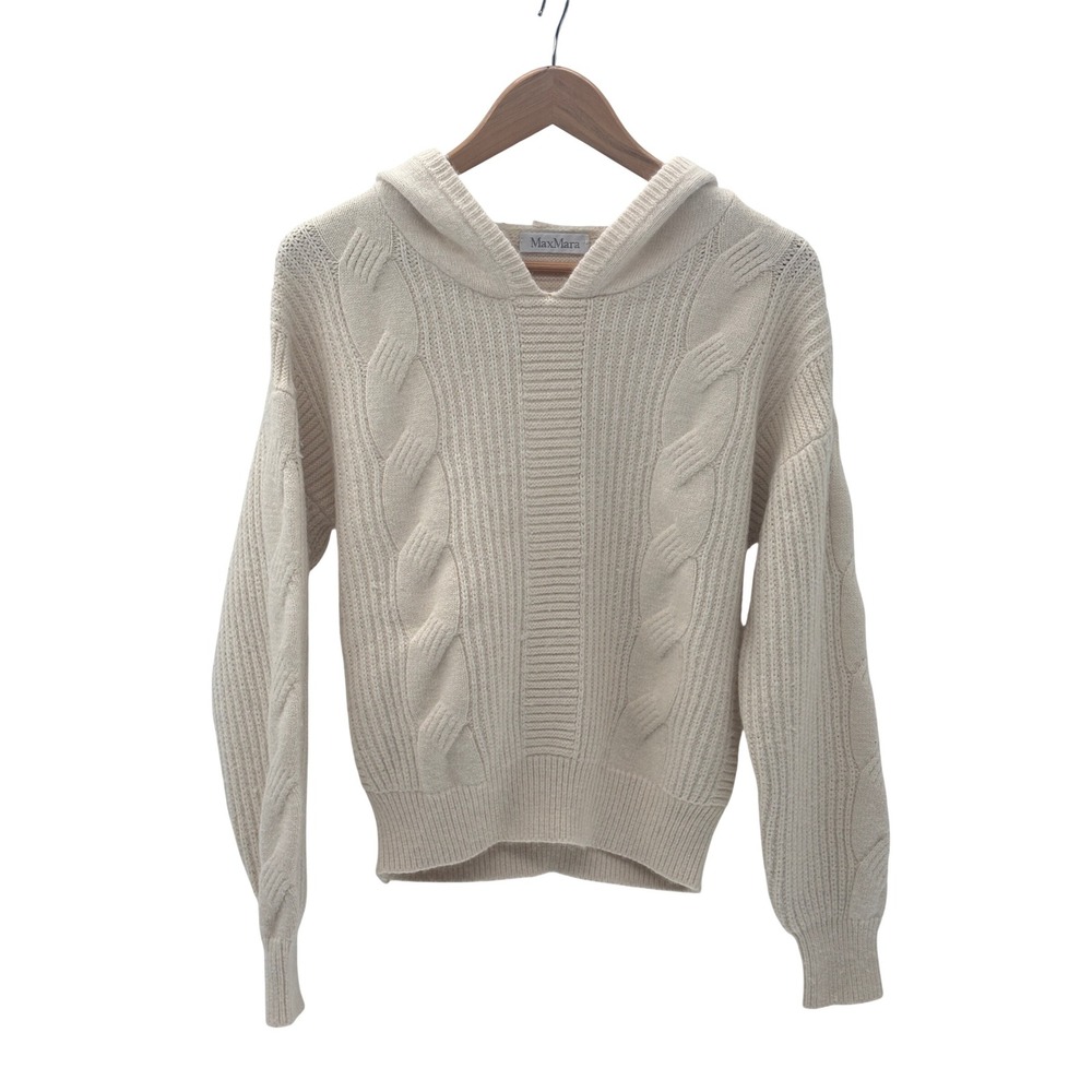Max Mara Sweater Cable‎ Knit Cashmere Wool Hooded Women Small Off White Chunky